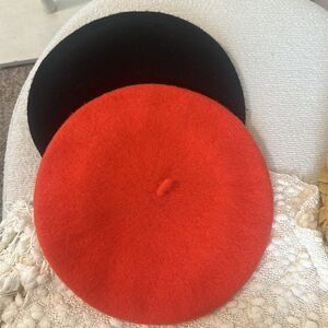 2 Red & Black 100% Wool Beret Hat Bundle